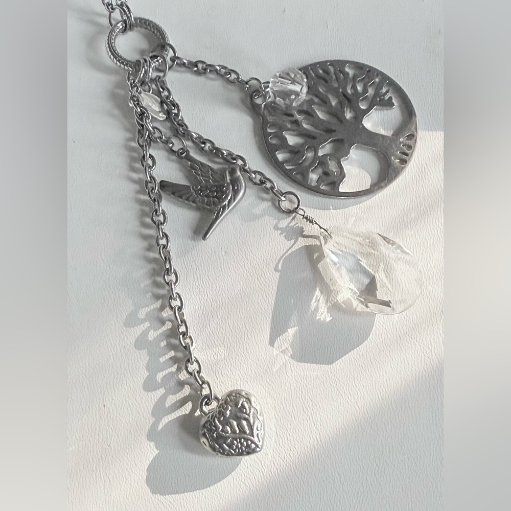 🌳 Cookie Lee Silver Charm Necklace w/Heart Dove Crystal Accents & Tree of Life - Picture 10 of 11